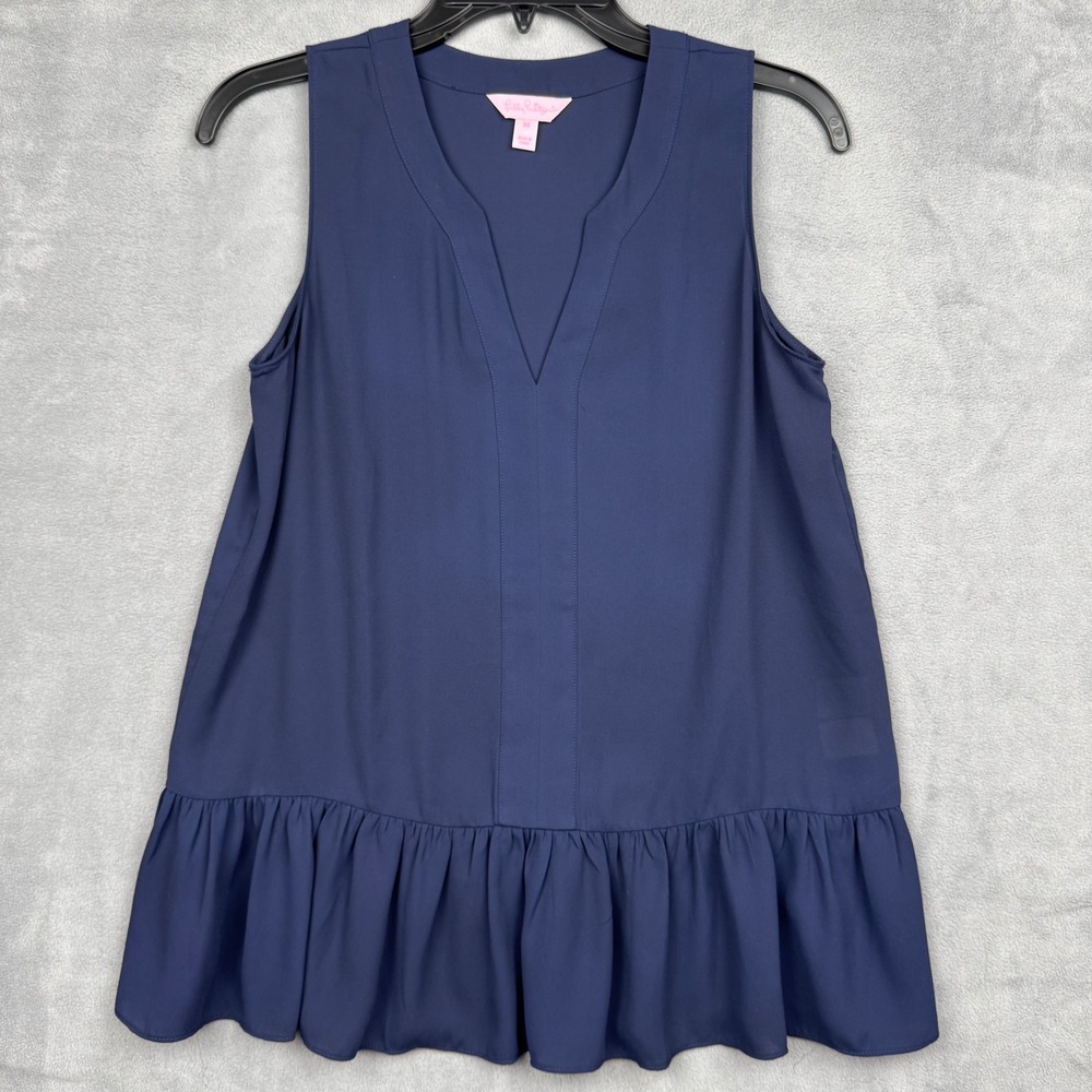 Lilly Pulitzer EUC Navy Blue Sleeveless V Neck Ruffle Hem Tunic‎ Top XS